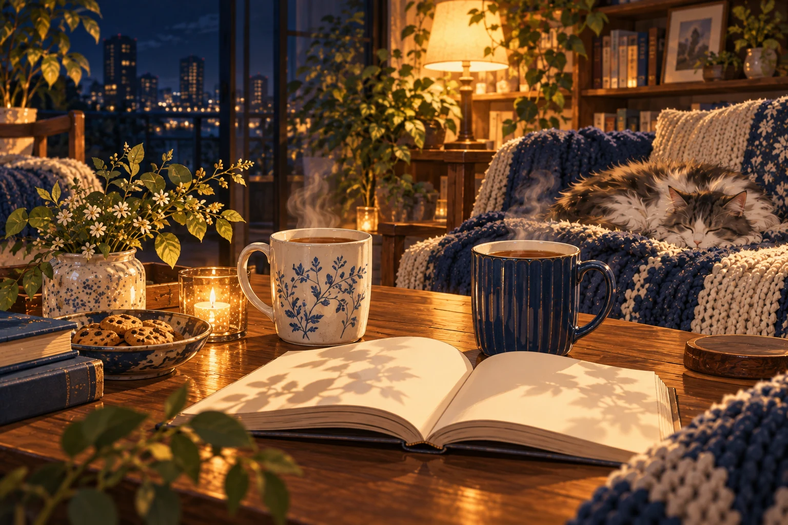 灯りの下のふたつのカップと読みかけの本、ソファで眠る猫